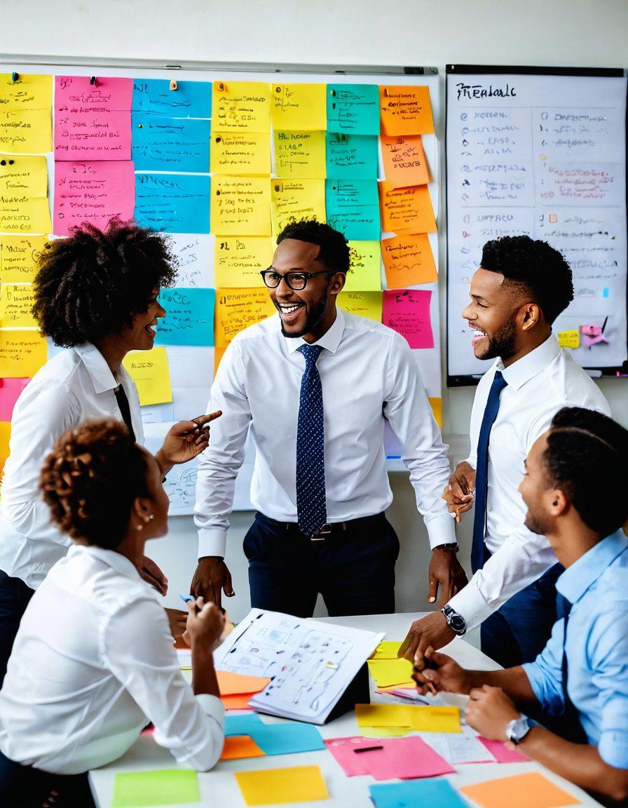A vibrant scene of a diverse group of joyful, meticulous professionals engaged in a lively brainstorming session, surrounded by colorful sticky notes and client feedback charts. In the background, a whiteboard filled with positive client outcomes and brainstorming ideas. Emphasize expressions of enthusiasm and collaboration, infused with a sense of creativity and productivity. Capture the essence of teamwork and excellence in a modern office space. super-realistic. vibrant colors. white background.