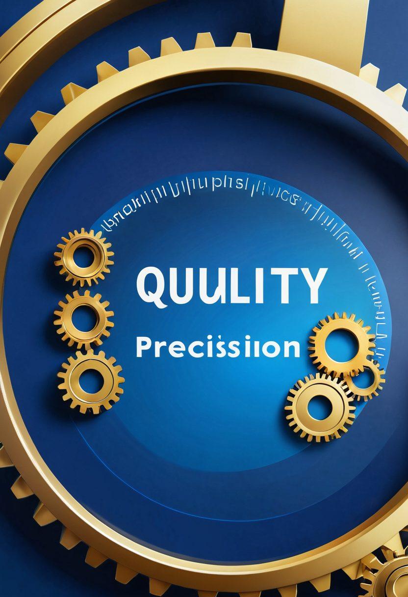 A close-up of a magnifying glass highlighting intricately detailed gear mechanisms, symbolizing meticulous quality inspection. Surrounding the gear are colorful labels reading 'Quality', 'Precision', and 'Satisfaction'. The background features a soft gradient that transitions from deep blue to bright gold, evoking a sense of elevation and achievement. super-realistic. vibrant colors. 3D.