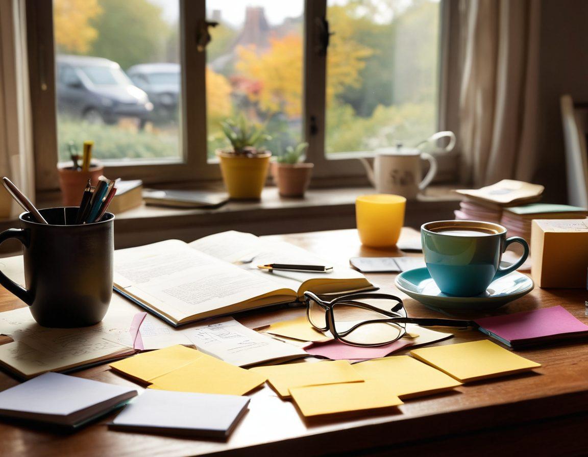 An intricately detailed desk scene with a magnifying glass, colorful notebooks, and a steaming cup of coffee, surrounded by cheerful post-it notes with constructive feedback written on them. In the background, a large window with sunlight pouring in, illuminating the meticulous work environment of a joyful nitpicker reviewing documents. The overall atmosphere is vibrant and inviting, embodying a mix of focus and creativity. super-realistic. vibrant colors. cozy atmosphere.